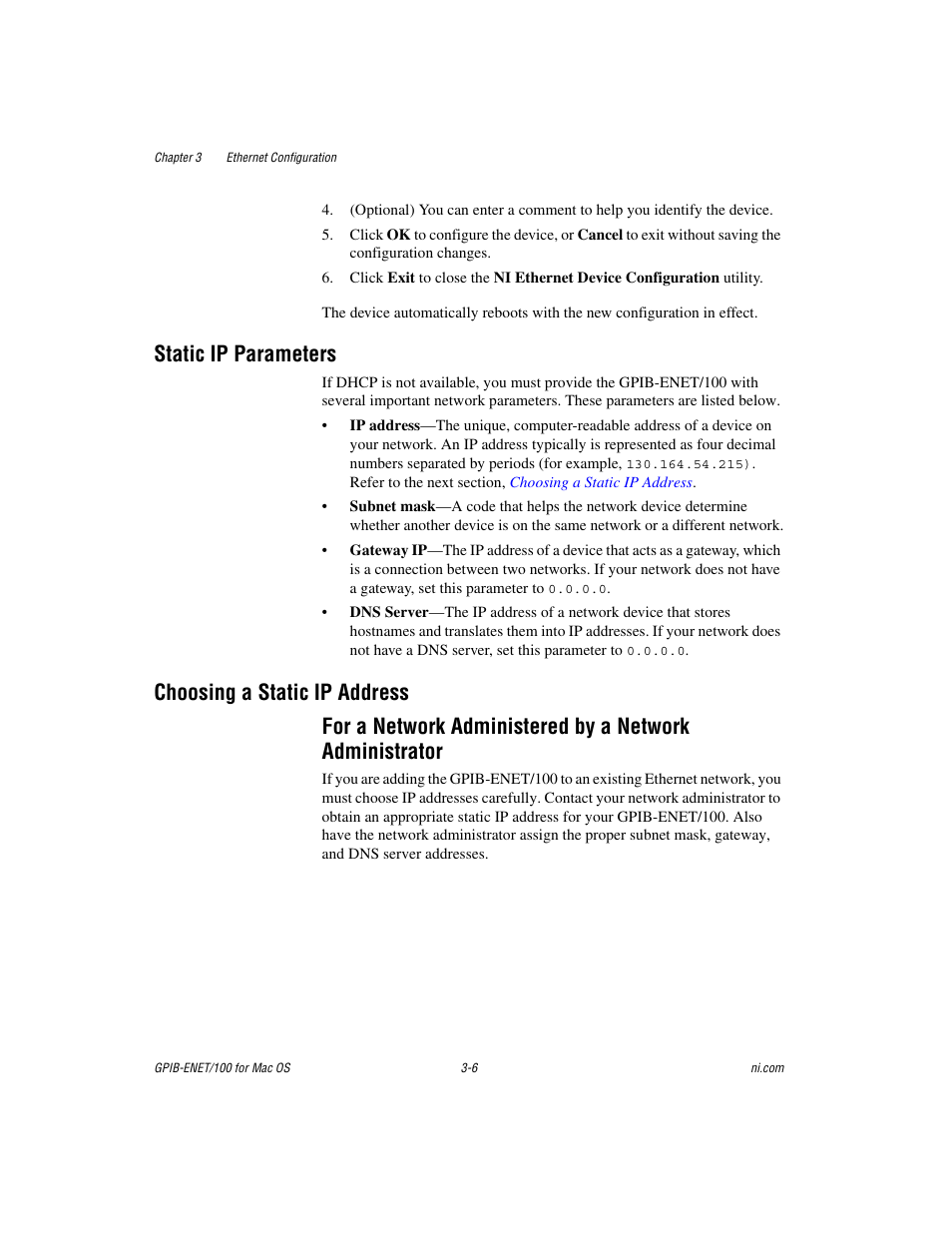 Static ip parameters, Choosing a static ip address, Static ip | Parameters | National Instruments GPIB-ENET/100 User Manual | Page 26 / 59