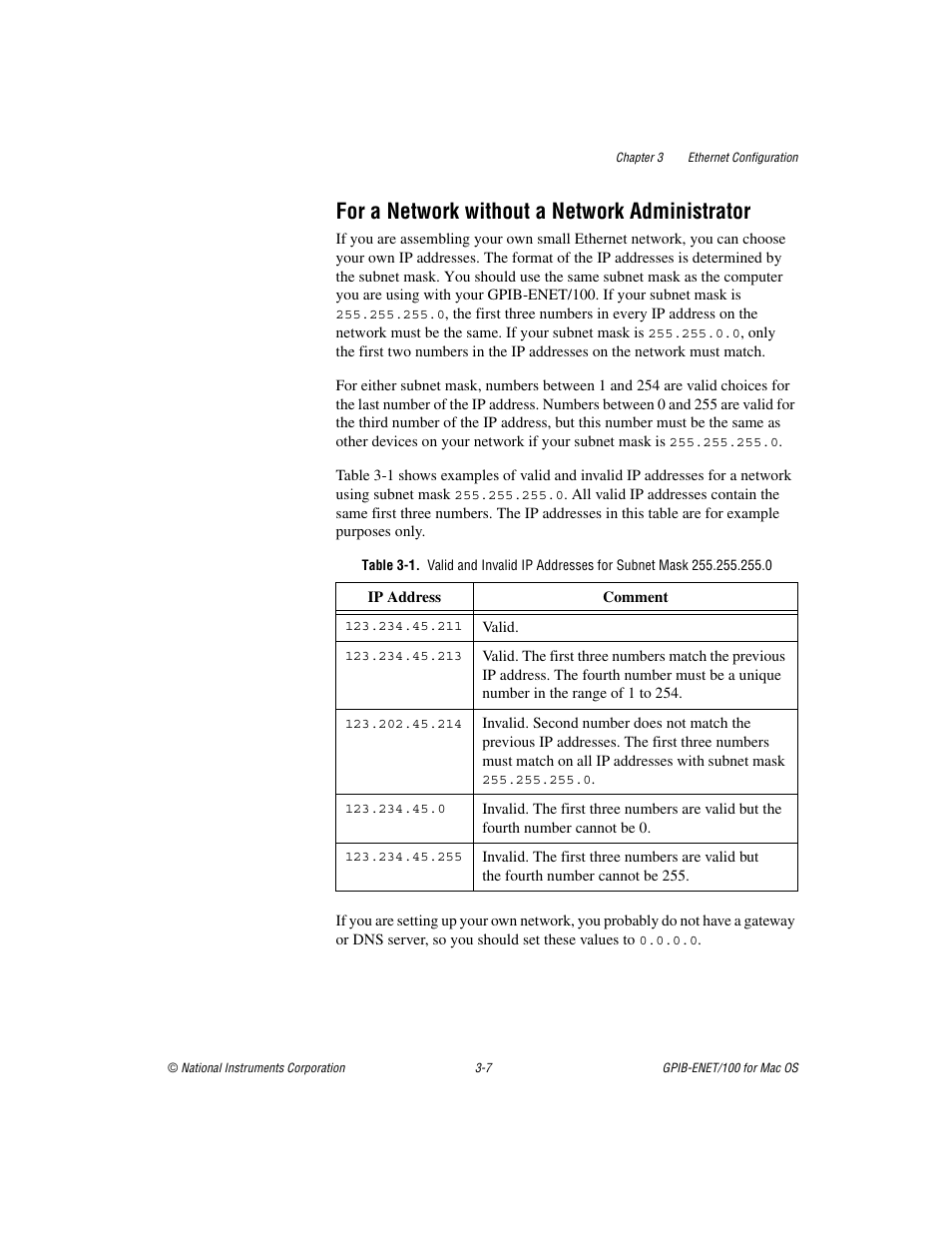 For a network without a network administrator, For a network without a network administrator -7, Table 3-1 | National Instruments GPIB-ENET/100 User Manual | Page 27 / 59