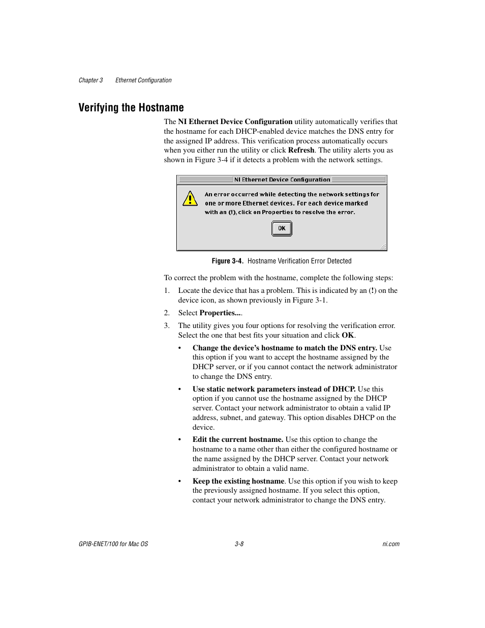 Verifying the hostname, Figure 3-4. hostname verification error detected, Verifying the hostname -8 | Figure 3-4, Hostname verification error detected -8 | National Instruments GPIB-ENET/100 User Manual | Page 28 / 59