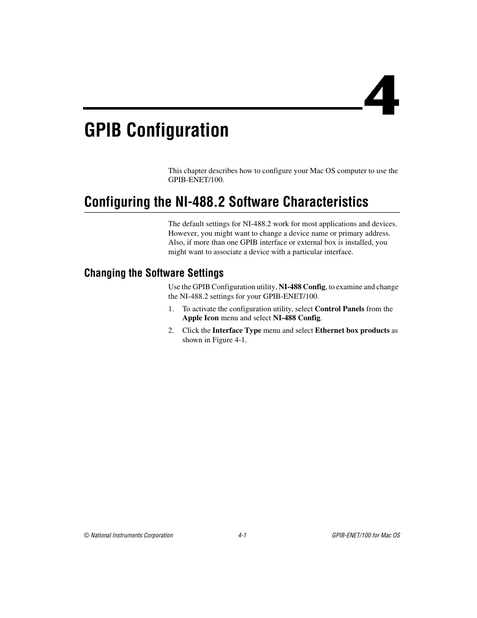 Chapter 4 gpib configuration, Configuring the ni-488.2 software characteristics, Changing the software settings | Changing the software settings -1, Gpib configuration, Gpib, Configuration | National Instruments GPIB-ENET/100 User Manual | Page 30 / 59