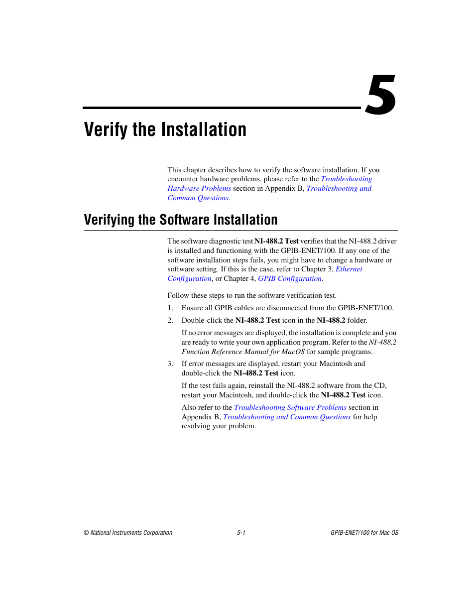 Chapter 5 verify the installation, Verifying the software installation, Verifying the software installation -1 | Verify the installation | National Instruments GPIB-ENET/100 User Manual | Page 33 / 59