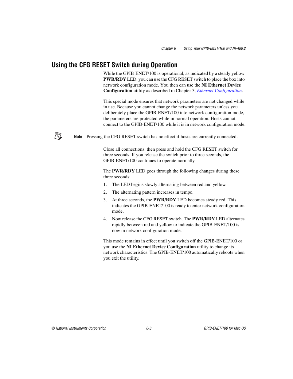 Using the cfg reset switch during operation, Using the cfg reset switch during operation -3 | National Instruments GPIB-ENET/100 User Manual | Page 37 / 59