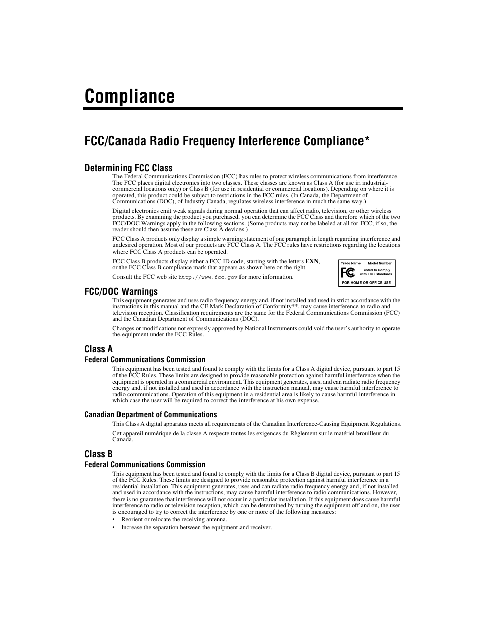 Compliance, Fcc/canada radio frequency interference compliance | National Instruments GPIB-ENET/100 User Manual | Page 4 / 59