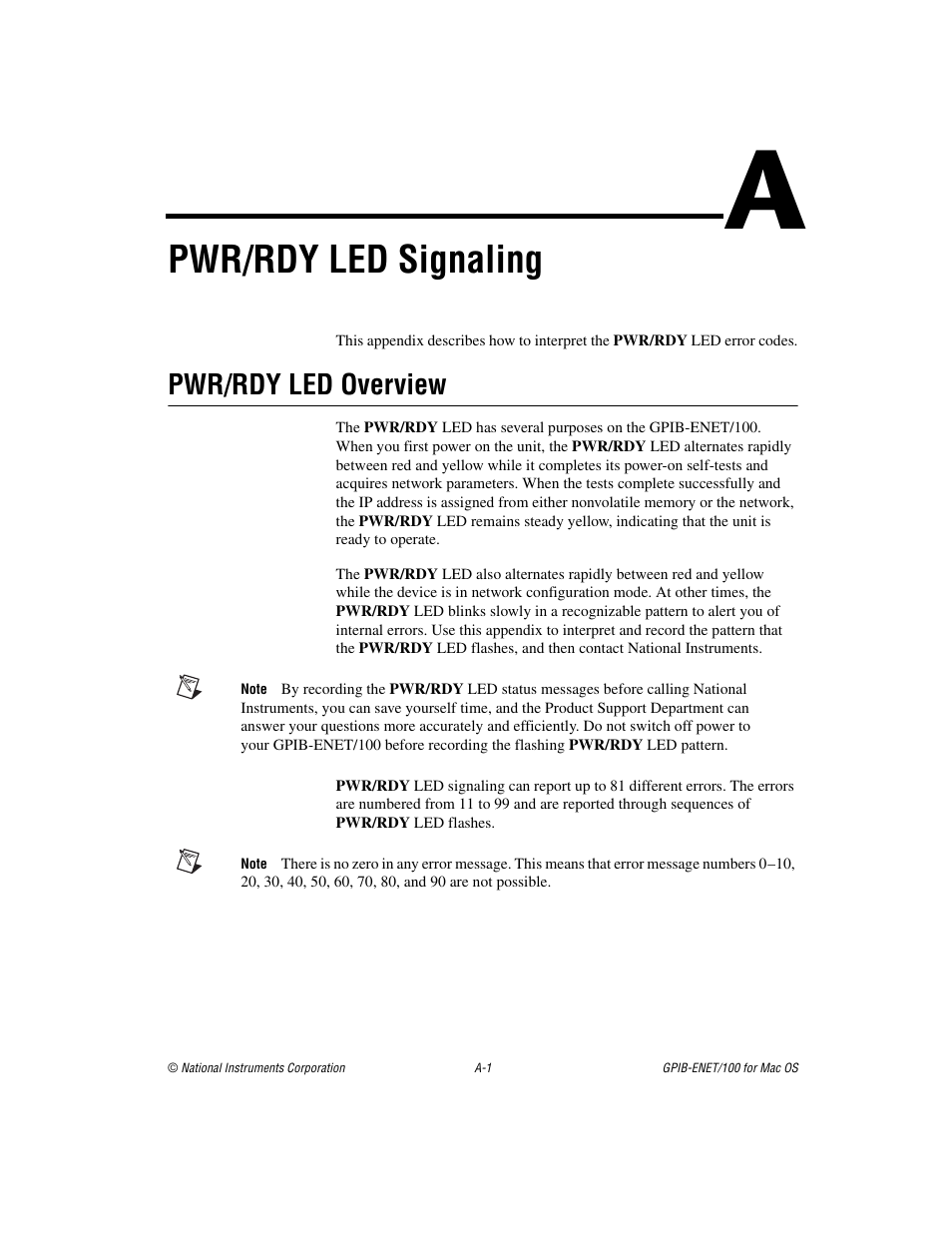 Appendix a pwr/rdy led signaling, Ix a, Pwr/rdy led signaling | Pwr/rdy led overview | National Instruments GPIB-ENET/100 User Manual | Page 41 / 59