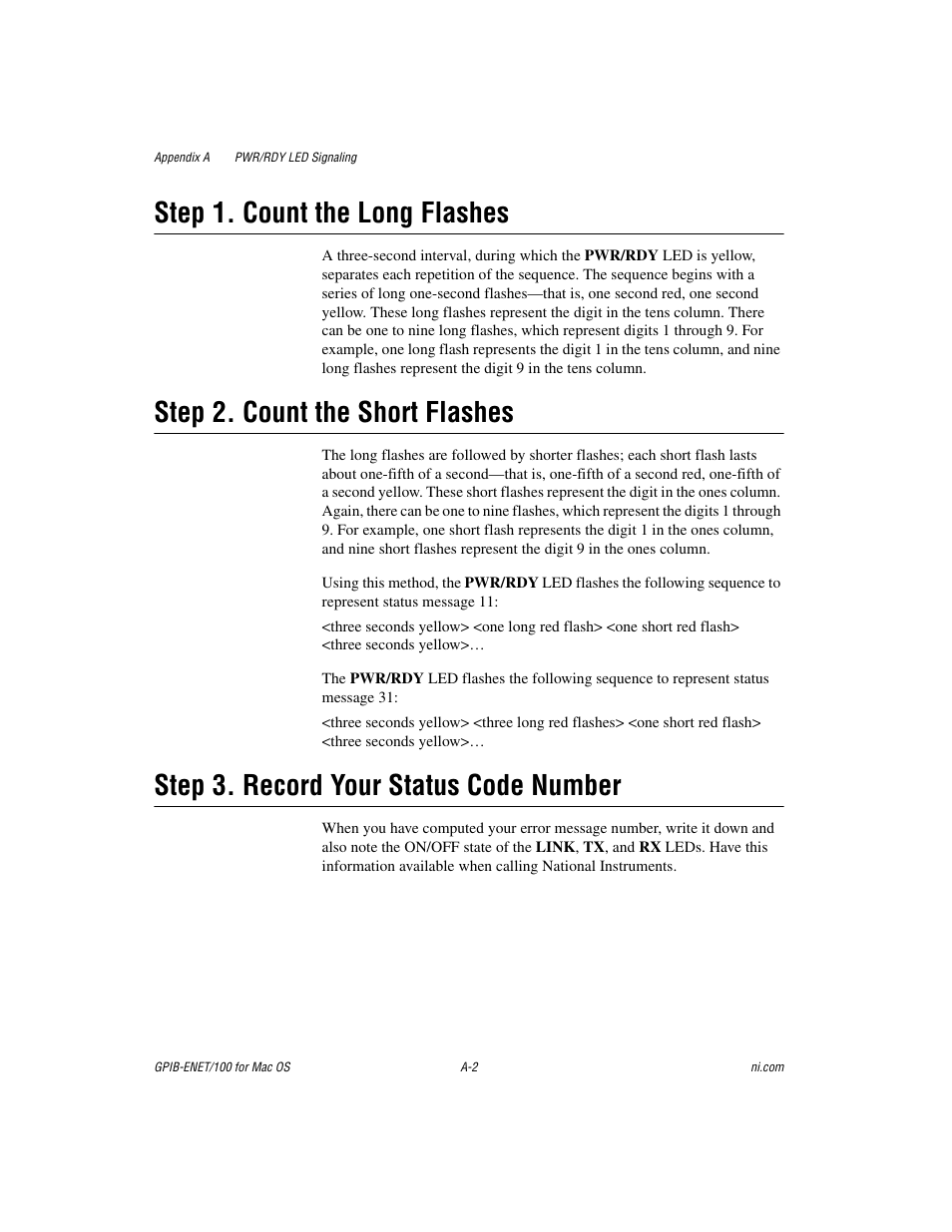 Step 1. count the long flashes, Step 2. count the short flashes, Step 3. record your status code number | National Instruments GPIB-ENET/100 User Manual | Page 42 / 59