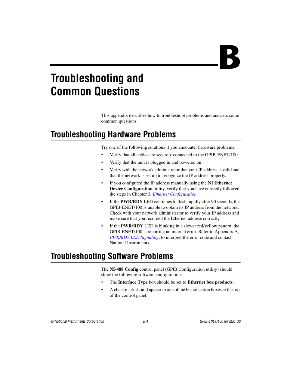 Appendix b troubleshooting and common questions, Appendix b, Troubleshooting and common questions | Troubleshooting, Hardware problems, Troubleshooting and, Common questions, Troubleshooting software problems, Troubleshooting hardware problems | National Instruments GPIB-ENET/100 User Manual | Page 43 / 59