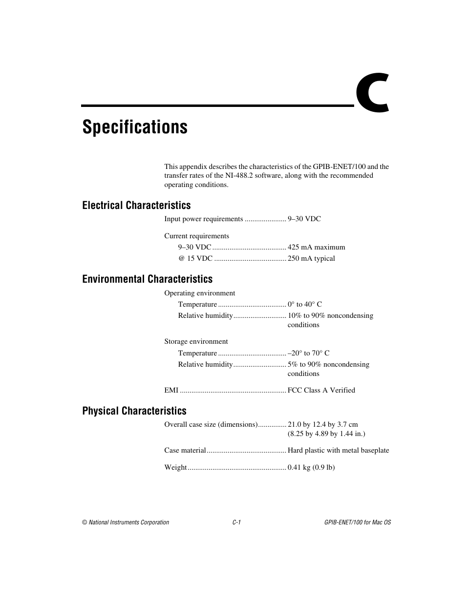 Appendix c specifications, Specifications | National Instruments GPIB-ENET/100 User Manual | Page 48 / 59