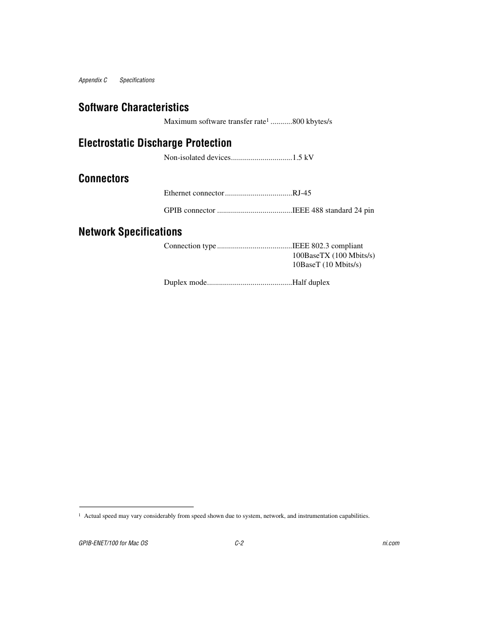 Software characteristics, Electrostatic discharge protection, Connectors | Network specifications | National Instruments GPIB-ENET/100 User Manual | Page 49 / 59