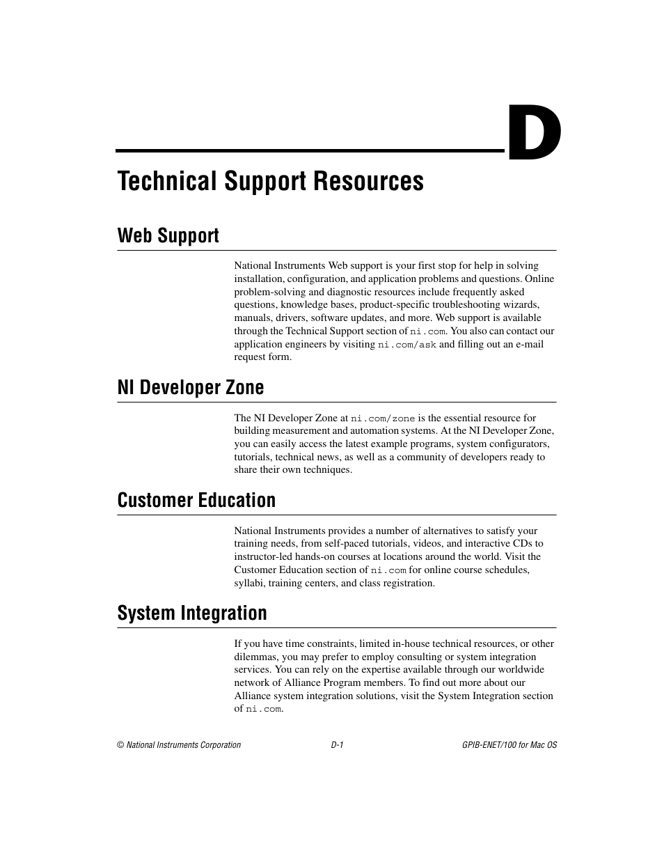 Appendix d technical support resources, Technical support resources, Web support | Ni developer zone, Customer education, System integration | National Instruments GPIB-ENET/100 User Manual | Page 50 / 59