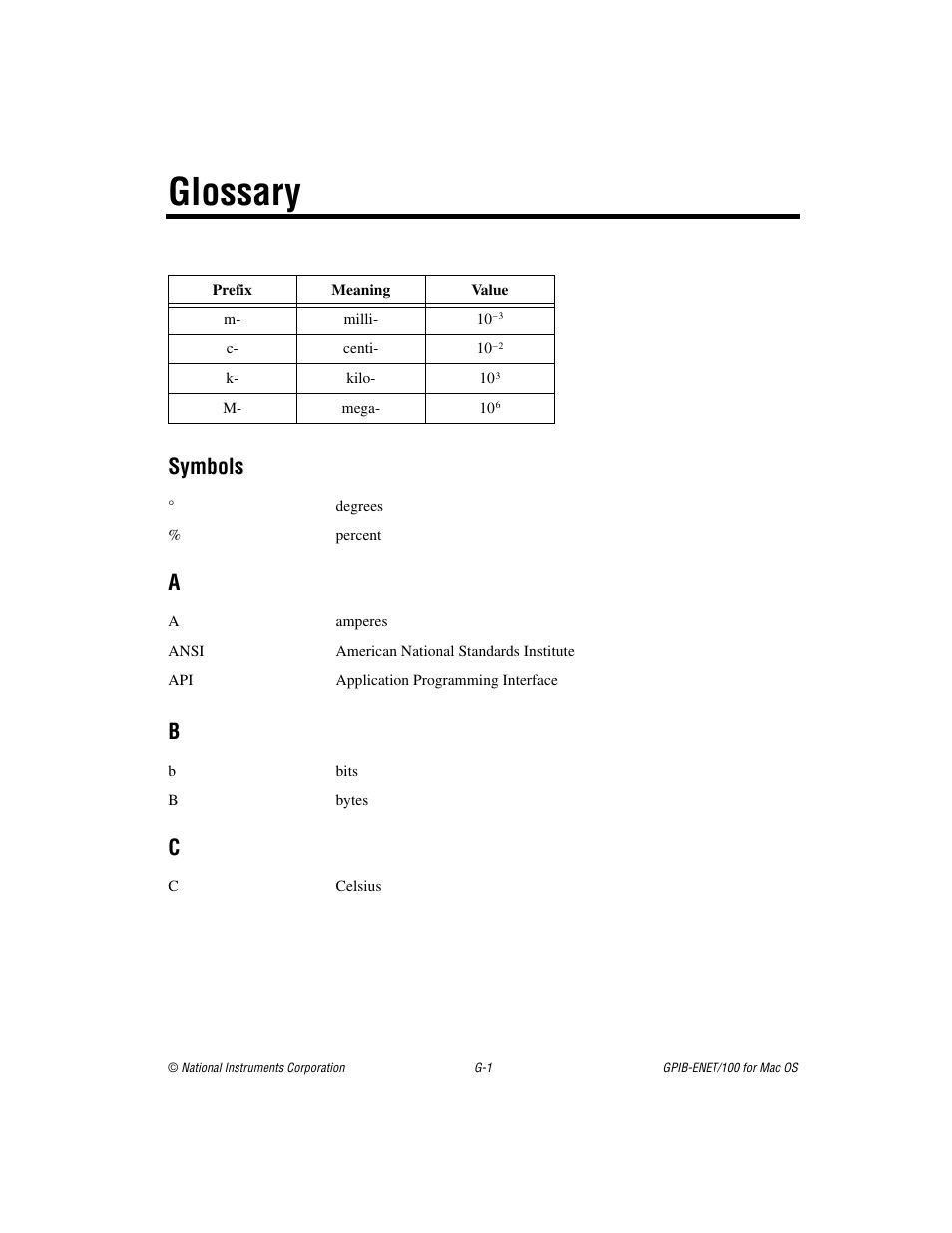 Glossary, Symbols | National Instruments GPIB-ENET/100 User Manual | Page 52 / 59