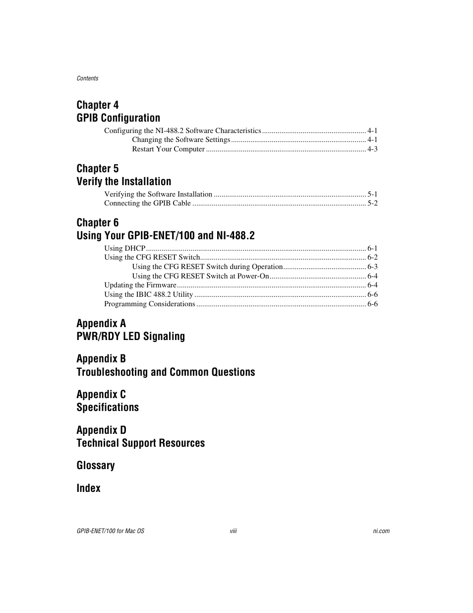 Chapter 4 gpib configuration, Chapter 5 verify the installation | National Instruments GPIB-ENET/100 User Manual | Page 7 / 59