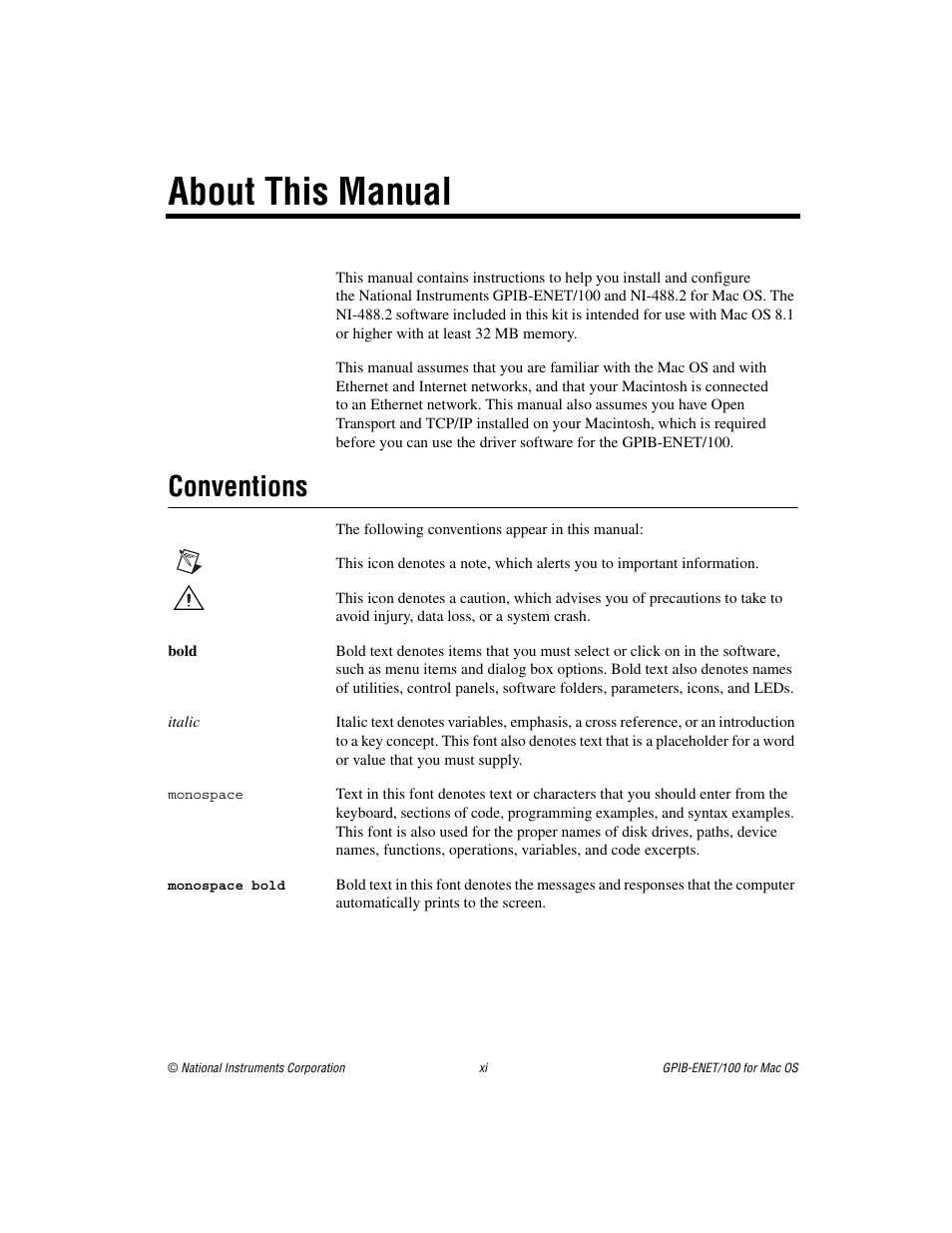 About this manual, Conventions | National Instruments GPIB-ENET/100 User Manual | Page 9 / 59