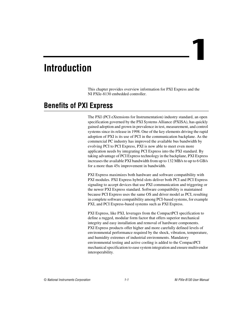 Chapter 1 introduction, Benefits of pxi express, Benefits of pxi express -1 | Introduction | National Instruments NI PXIe-8130 User Manual | Page 10 / 84