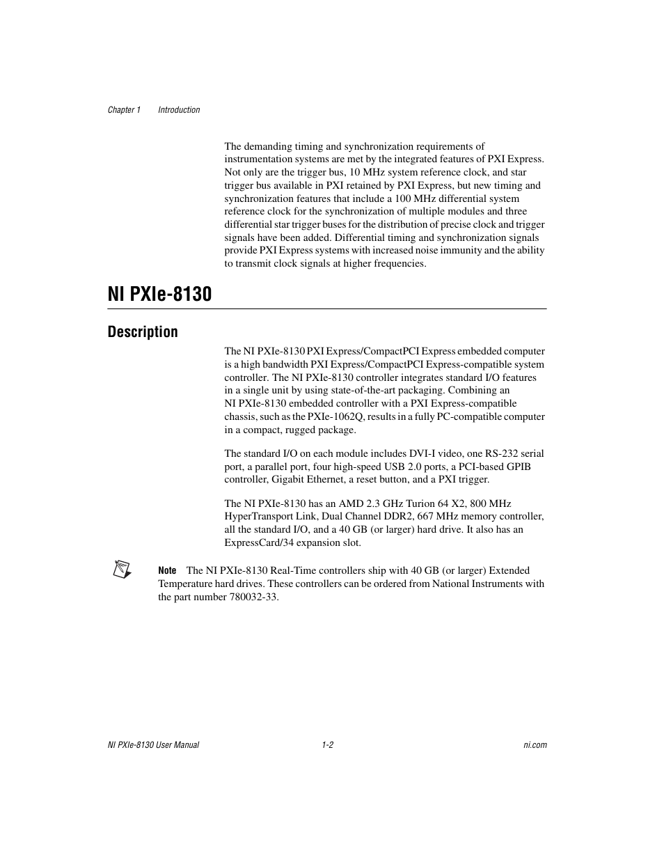 Ni pxie-8130, Description, Ni pxie-8130 -2 | Description -2 | National Instruments NI PXIe-8130 User Manual | Page 11 / 84