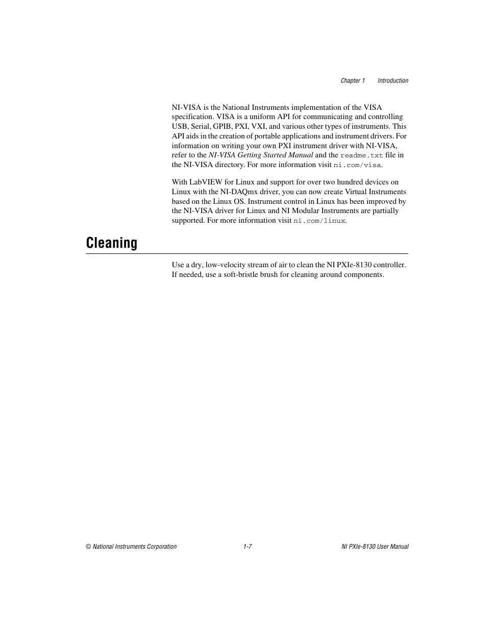 Cleaning, Cleaning -7 | National Instruments NI PXIe-8130 User Manual | Page 16 / 84