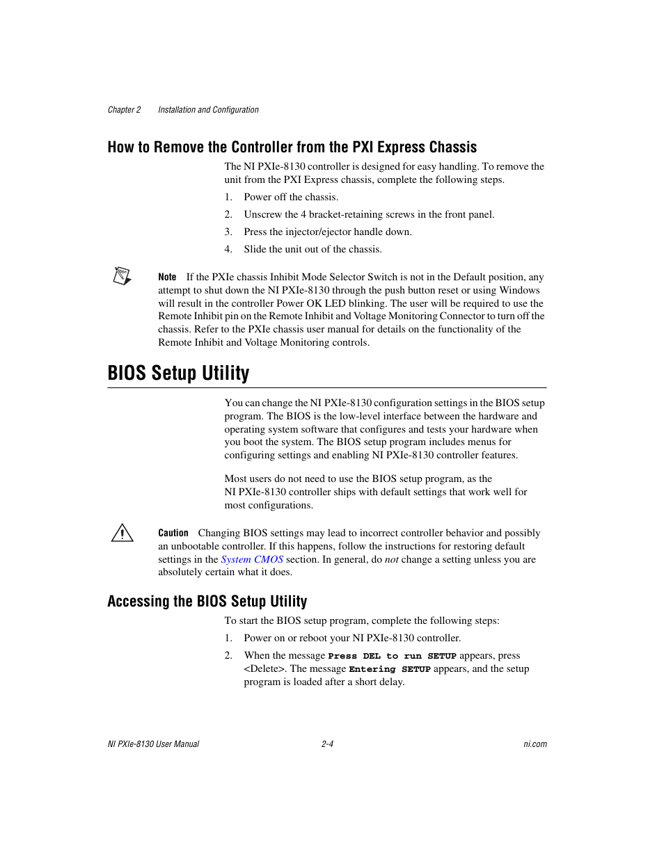 Bios setup utility, Accessing the bios setup utility, Bios setup utility -4 | Accessing the bios setup utility -4 | National Instruments NI PXIe-8130 User Manual | Page 20 / 84