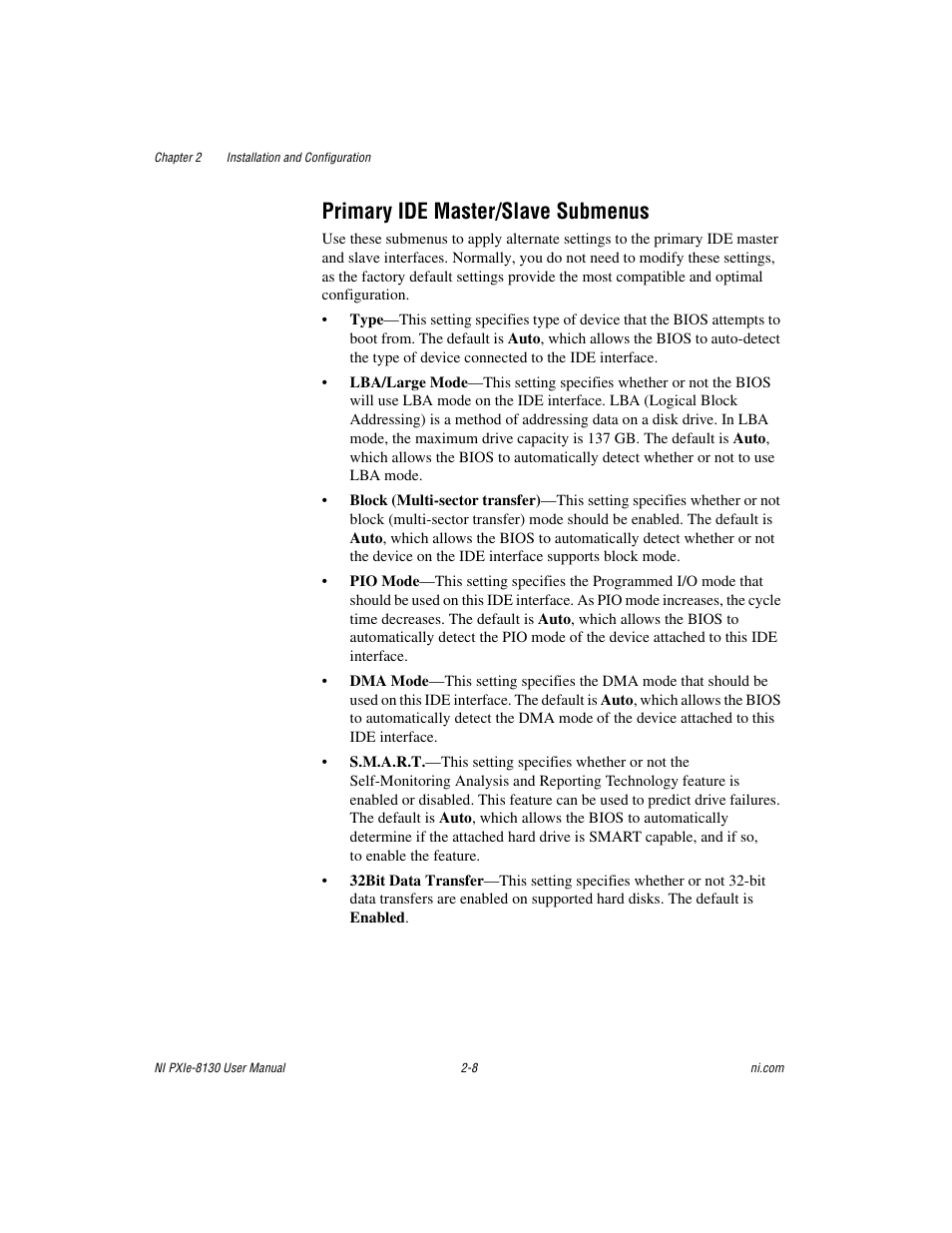 Primary ide master/slave submenus, Primary ide master/slave submenus -8, Master submenu. refer to the | National Instruments NI PXIe-8130 User Manual | Page 24 / 84