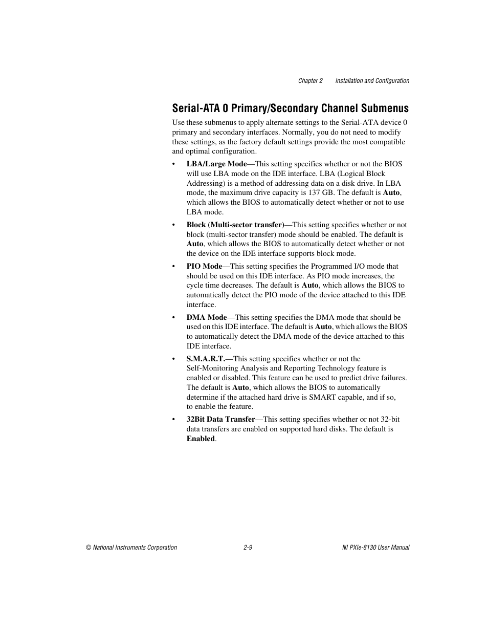 Serial-ata 0 primary/secondary channel submenus, Serial-ata 0 primary/secondary channel submenus -9, To the | Serial-ata 0, Primary/secondary channel submenus, Sect | National Instruments NI PXIe-8130 User Manual | Page 25 / 84