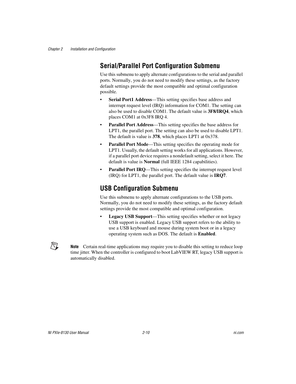 Serial/parallel port configuration submenu, Usb configuration submenu | National Instruments NI PXIe-8130 User Manual | Page 26 / 84