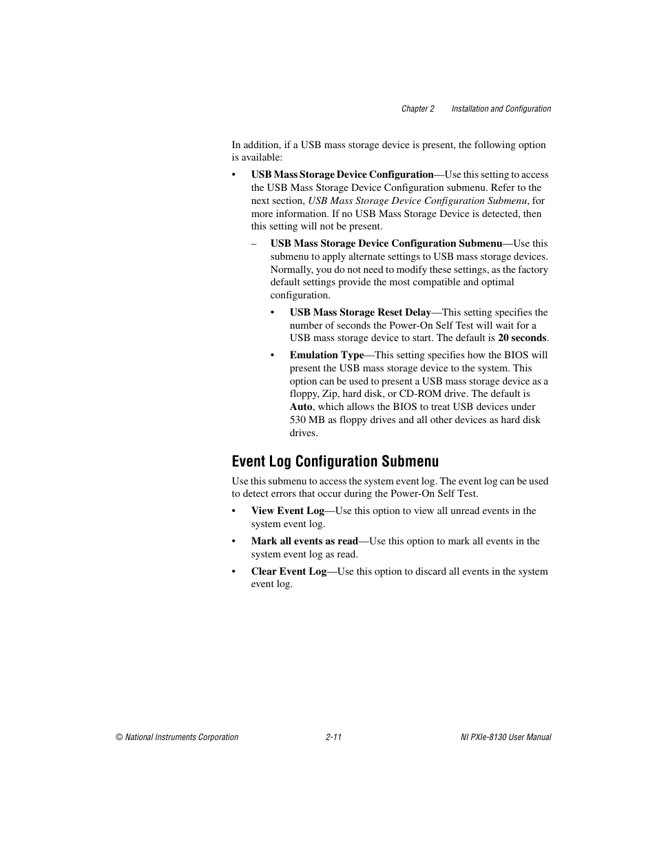 Event log configuration submenu, Event log configuration submenu -11 | National Instruments NI PXIe-8130 User Manual | Page 27 / 84