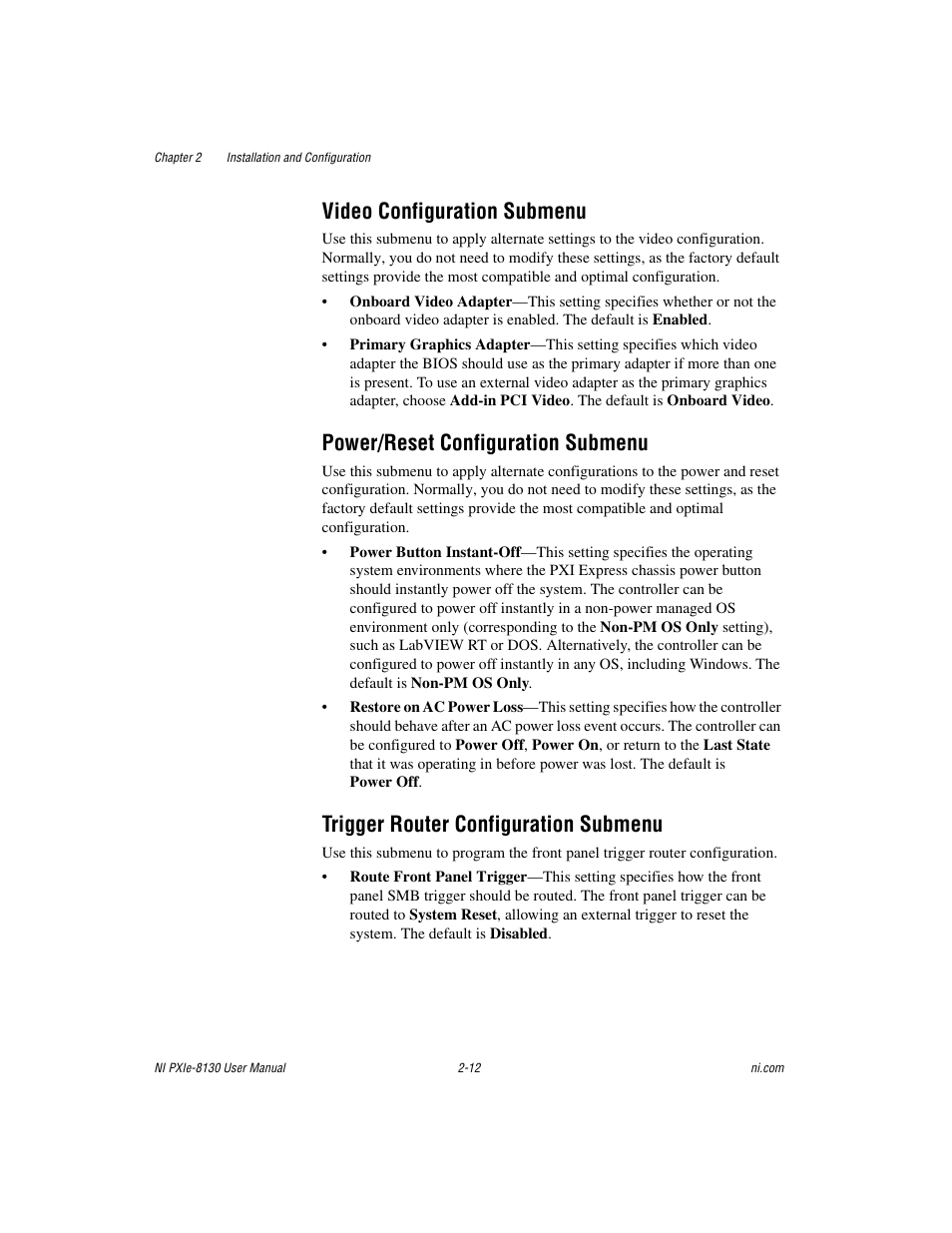 Video configuration submenu, Power/reset configuration submenu, Trigger router configuration submenu | Power/reset, Configuration submenu, Trigger router | National Instruments NI PXIe-8130 User Manual | Page 28 / 84