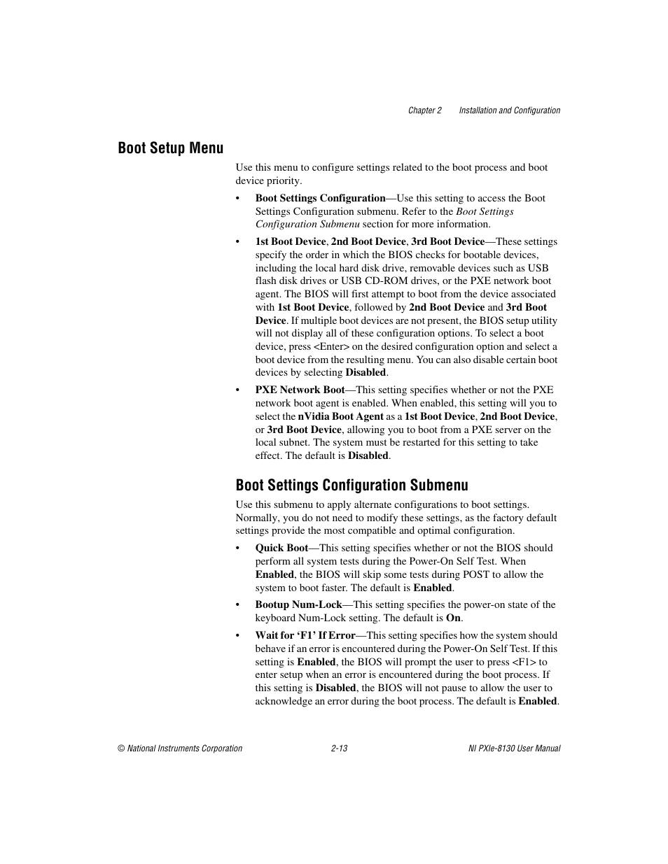 Boot setup menu, Boot settings configuration submenu, Boot setup menu -13 | Boot settings configuration submenu -13 | National Instruments NI PXIe-8130 User Manual | Page 29 / 84