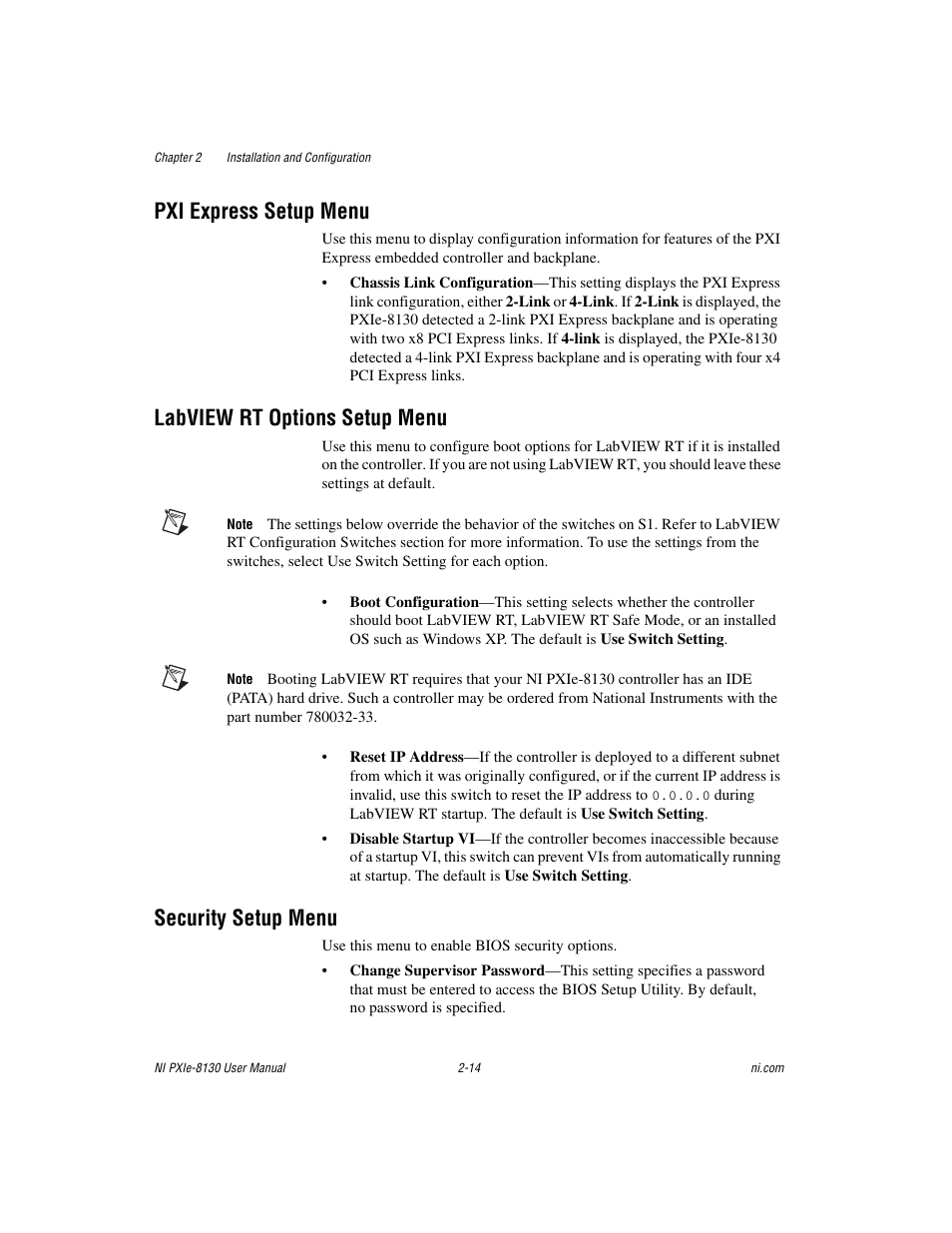 Pxi express setup menu, Labview rt options setup menu, Security setup menu | National Instruments NI PXIe-8130 User Manual | Page 30 / 84