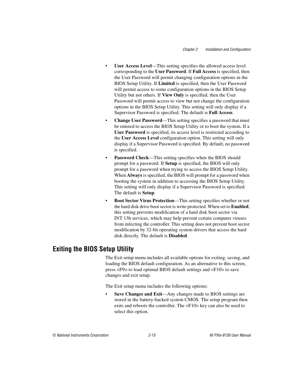 Exiting the bios setup utility, Exiting the bios setup utility -15 | National Instruments NI PXIe-8130 User Manual | Page 31 / 84