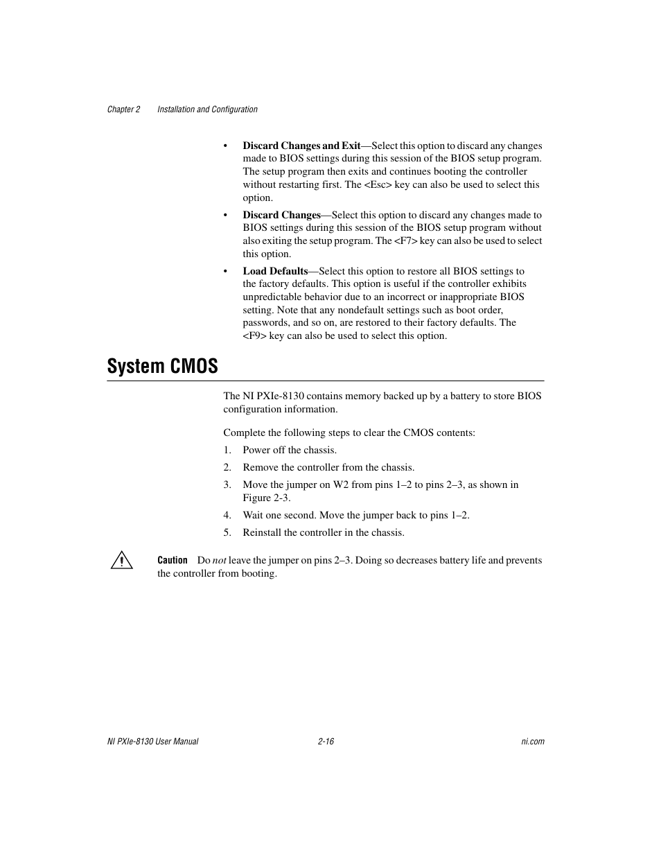 System cmos, System cmos -16, Sect | National Instruments NI PXIe-8130 User Manual | Page 32 / 84