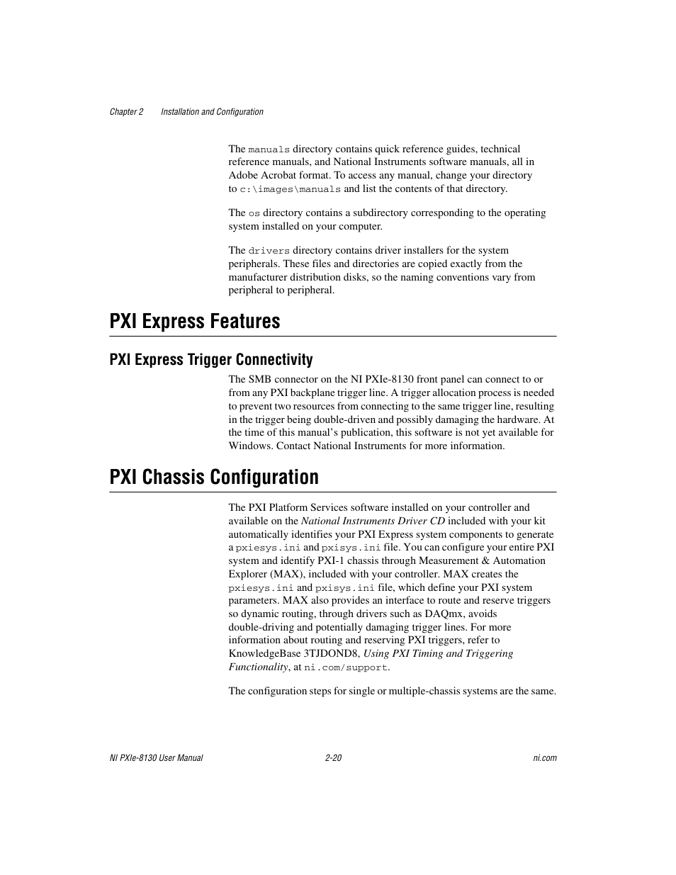 Pxi express features, Pxi express trigger connectivity, Pxi chassis configuration | Pxi express features -20, Pxi express trigger connectivity -20, Pxi chassis configuration -20 | National Instruments NI PXIe-8130 User Manual | Page 36 / 84