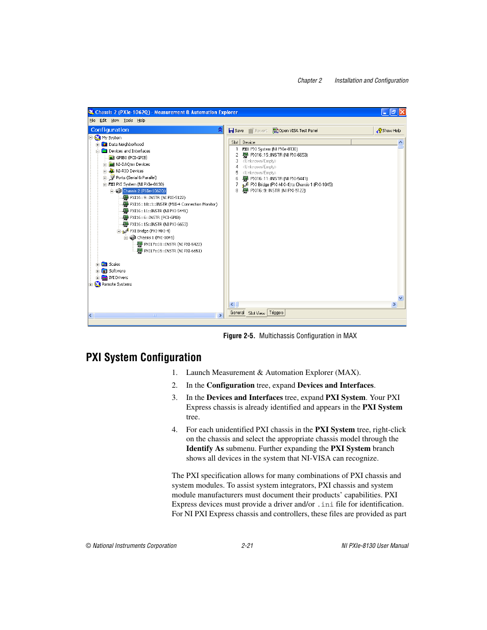 Figure 2-5. multichassis configuration in max, Pxi system configuration, Pxi system configuration -21 | National Instruments NI PXIe-8130 User Manual | Page 37 / 84