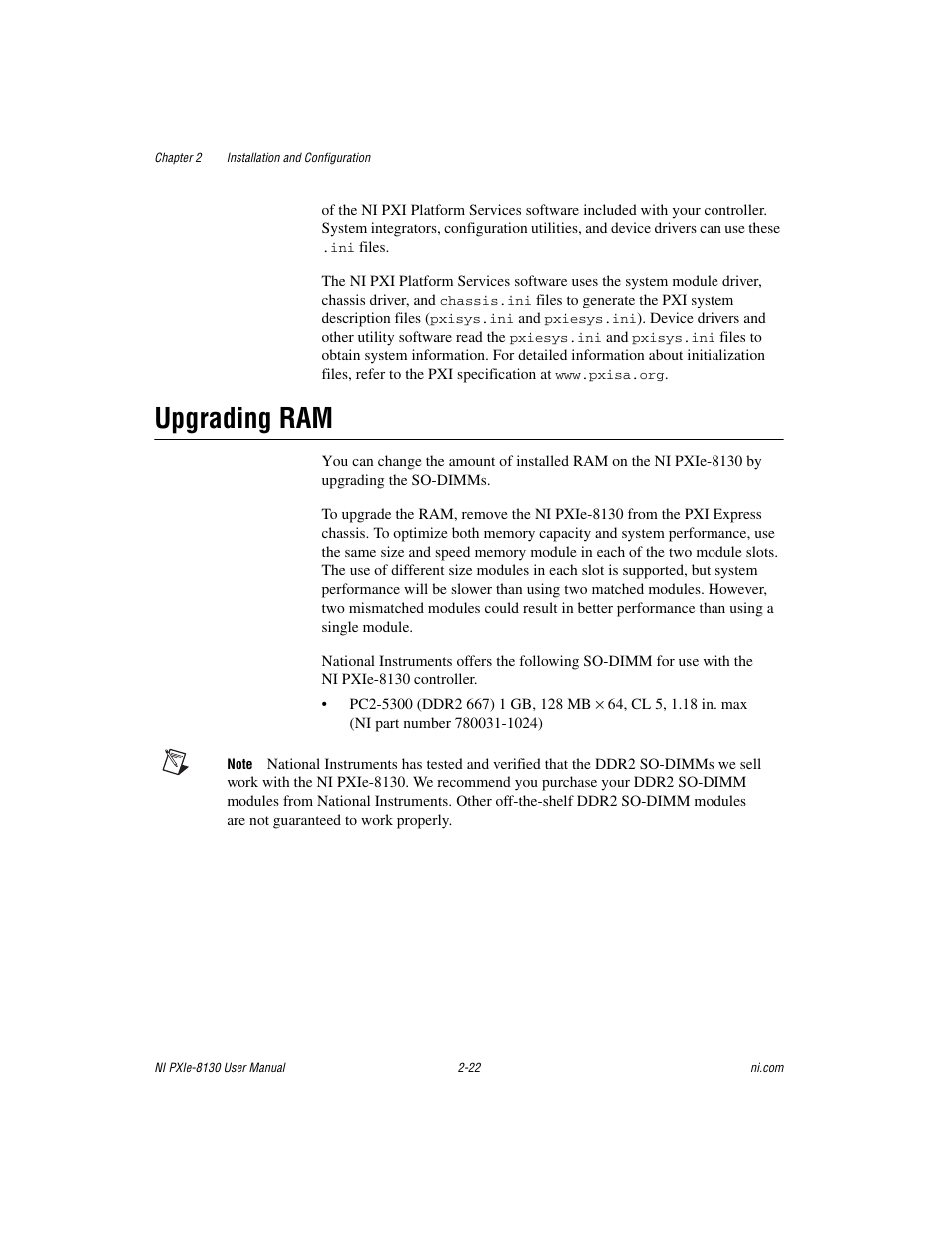 Upgrading ram, Upgrading ram -22 | National Instruments NI PXIe-8130 User Manual | Page 38 / 84