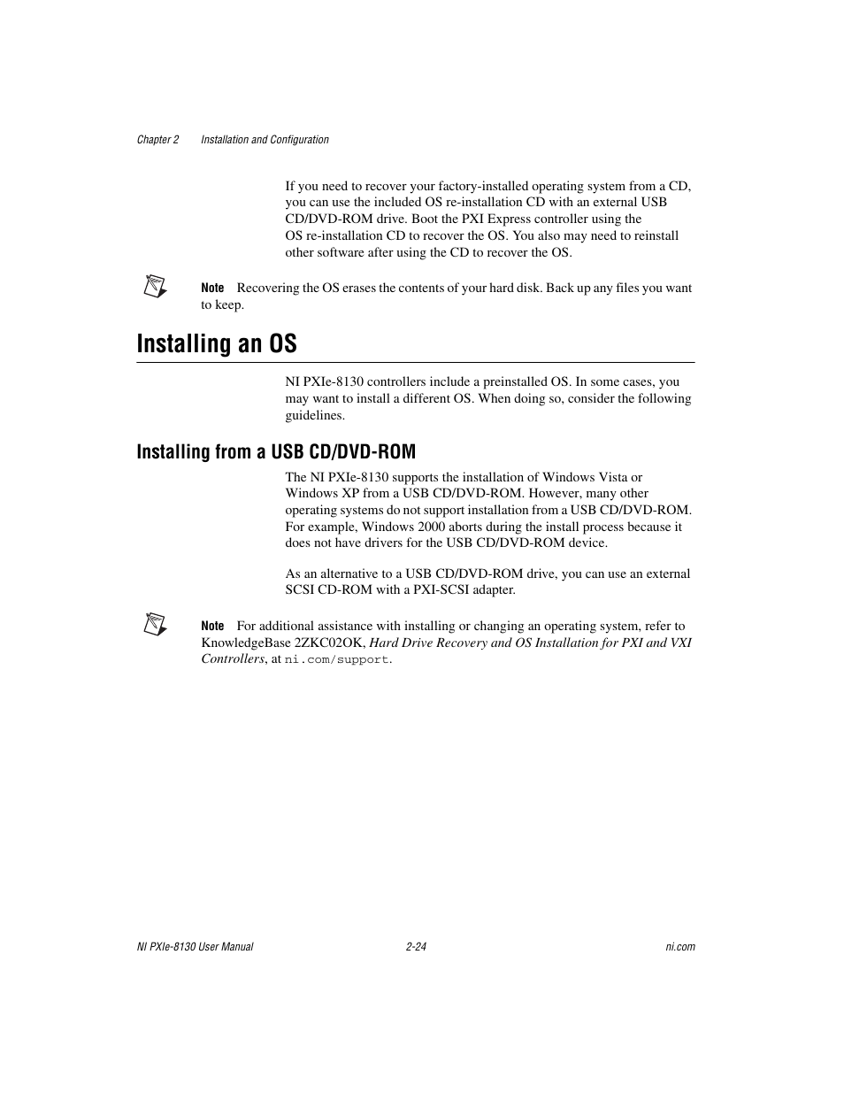 Installing an os, Installing from a usb cd/dvd-rom, Installing an os -24 | Installing from a usb cd/dvd-rom -24 | National Instruments NI PXIe-8130 User Manual | Page 40 / 84