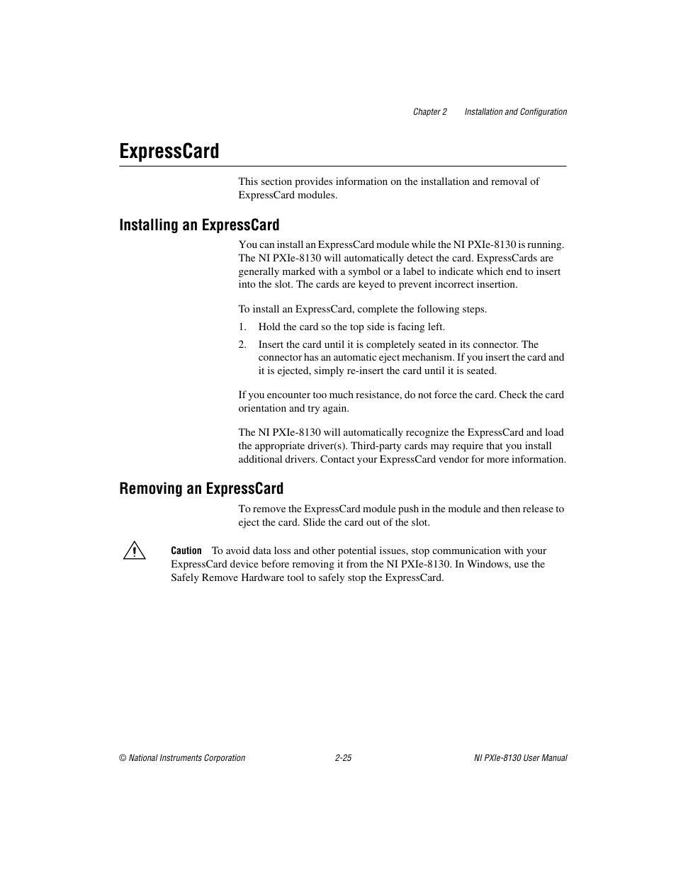Expresscard, Installing an expresscard, Removing an expresscard | Expresscard -25 | National Instruments NI PXIe-8130 User Manual | Page 41 / 84