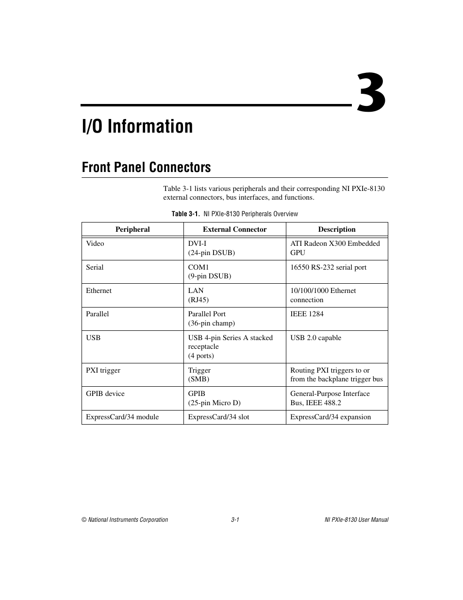 Chapter 3 i/o information, Front panel connectors, Table 3-1. ni pxie-8130 peripherals overview | Front panel connectors -1, I/o information | National Instruments NI PXIe-8130 User Manual | Page 42 / 84