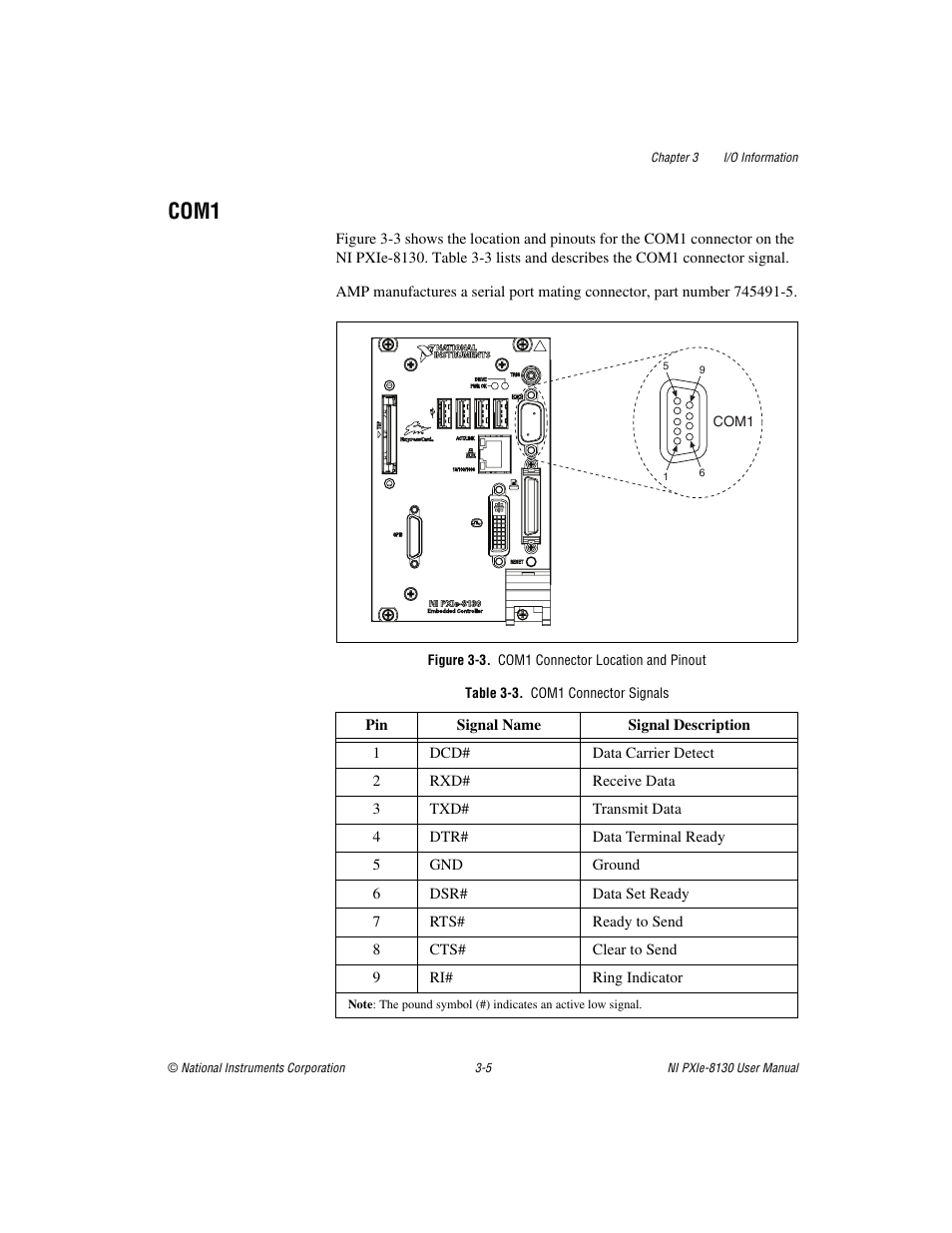 Com1, Figure 3-3. com1 connector location and pinout, Table 3-3. com1 connector signals | Com1 -5 | National Instruments NI PXIe-8130 User Manual | Page 46 / 84