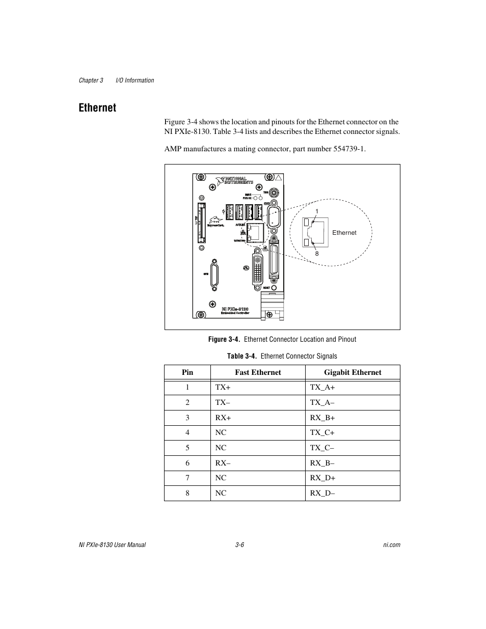 Ethernet, Figure 3-4. ethernet connector location and pinout, Table 3-4. ethernet connector signals | Ethernet -6 | National Instruments NI PXIe-8130 User Manual | Page 47 / 84