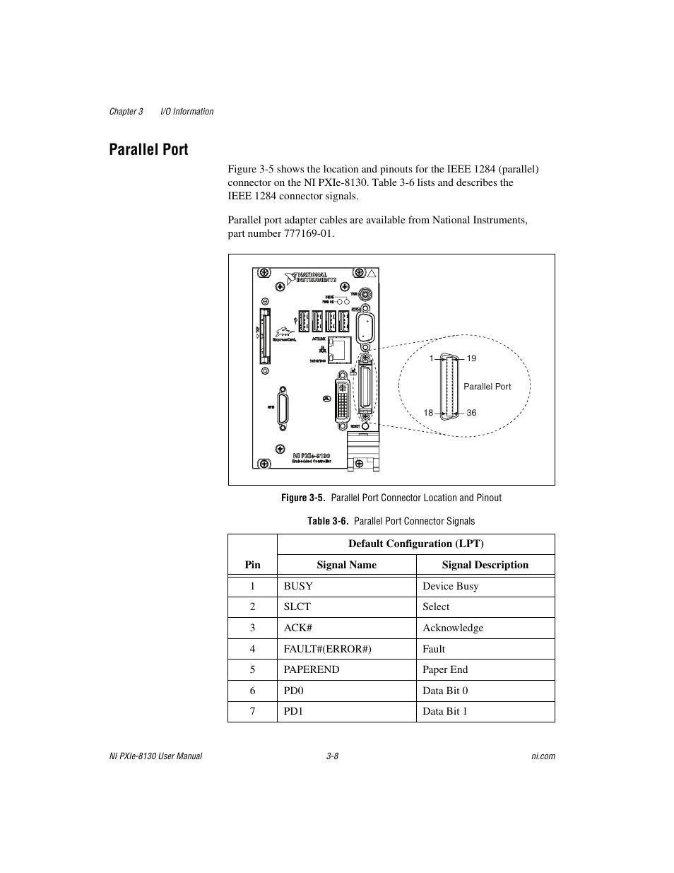 Parallel port, Table 3-6. parallel port connector signals, Parallel port -8 | National Instruments NI PXIe-8130 User Manual | Page 49 / 84