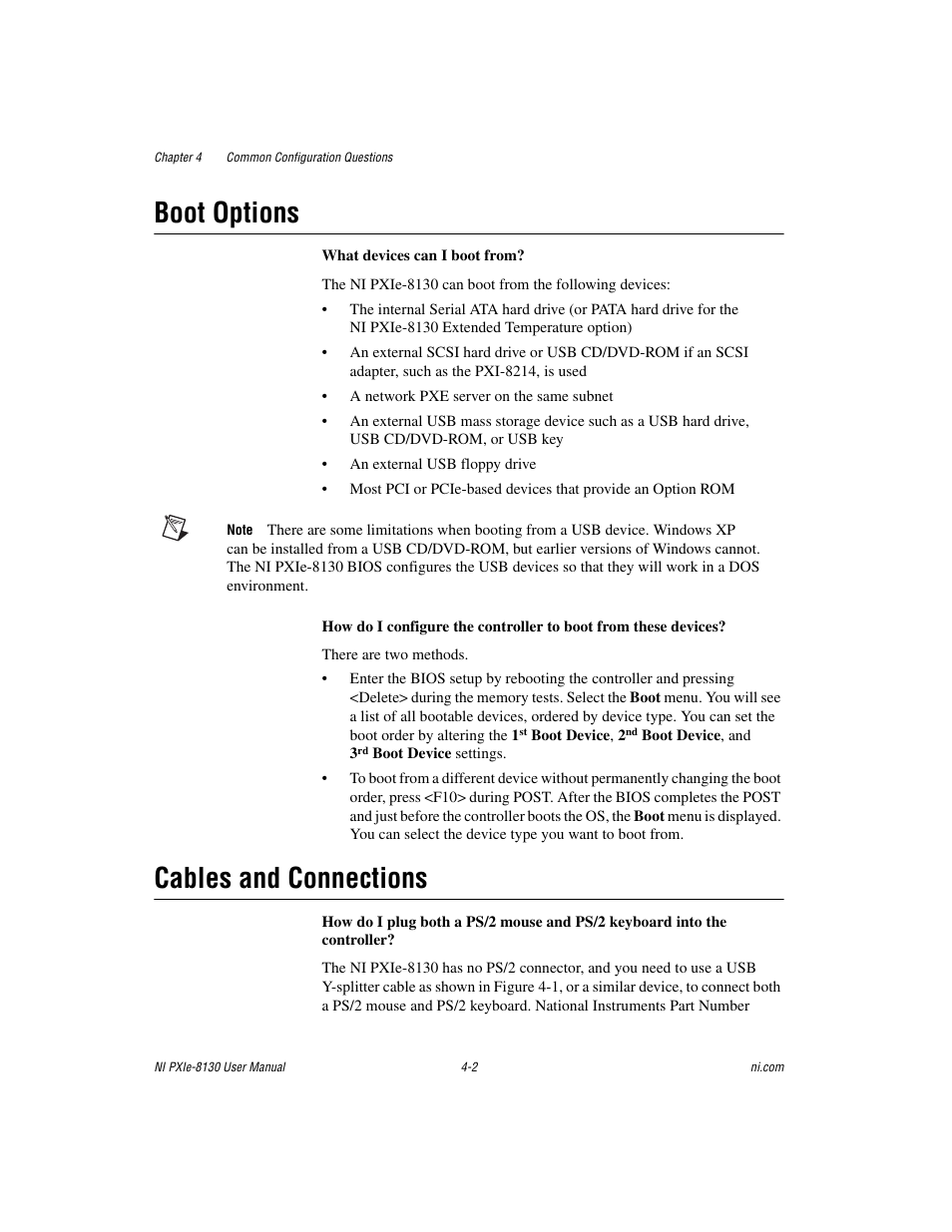 Boot options, Cables and connections, Boot options -2 cables and connections -2 | National Instruments NI PXIe-8130 User Manual | Page 59 / 84
