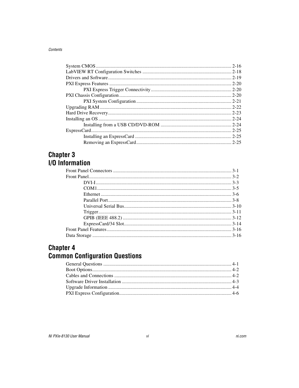 Chapter 3 i/o information, Chapter 4 common configuration questions | National Instruments NI PXIe-8130 User Manual | Page 6 / 84
