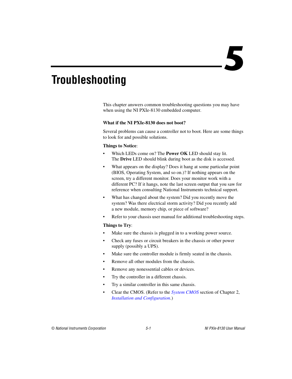 Chapter 5 troubleshooting, What if the ni pxie-8130 does not boot, Secti | Troubleshooting | National Instruments NI PXIe-8130 User Manual | Page 64 / 84
