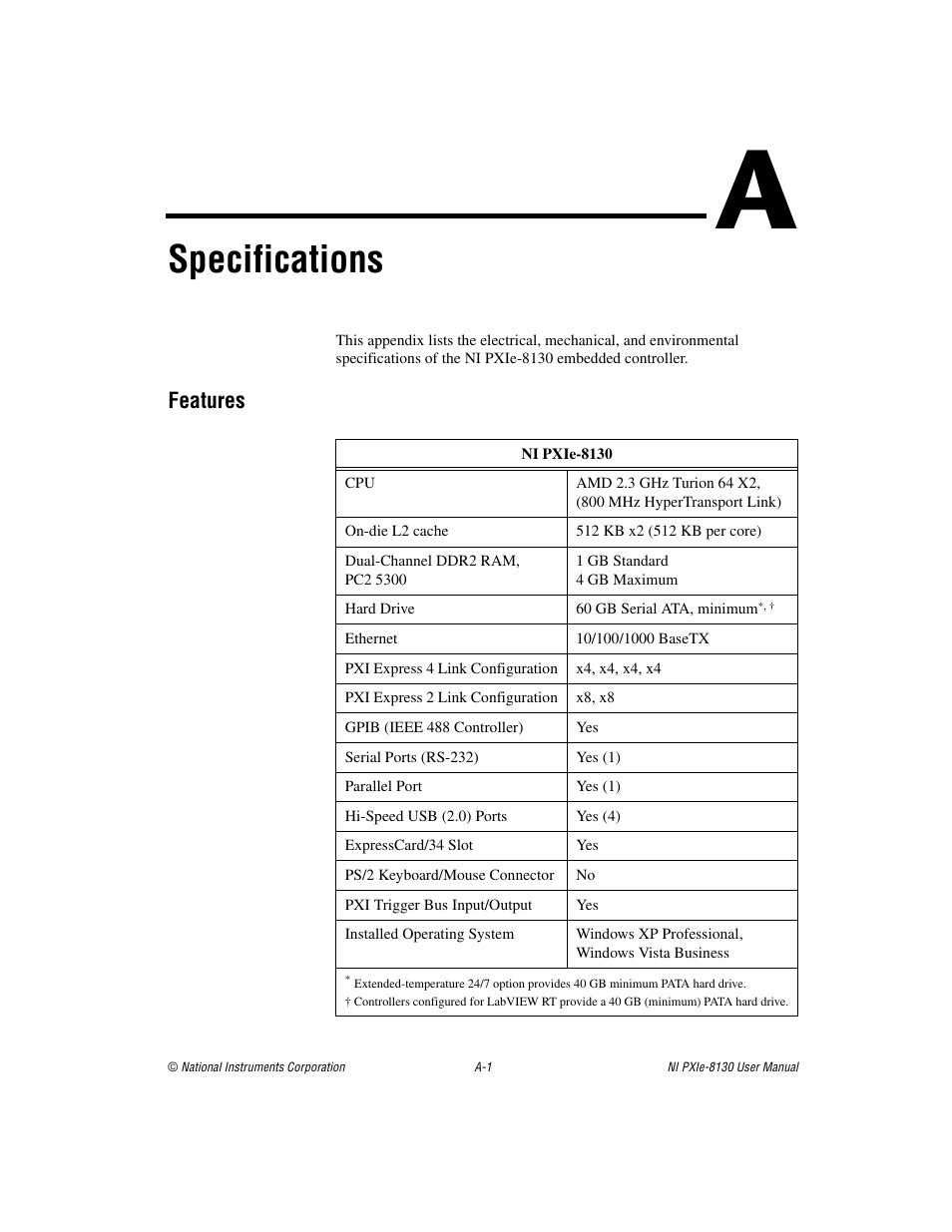 Appendix a specifications, Specifications, Features | National Instruments NI PXIe-8130 User Manual | Page 67 / 84