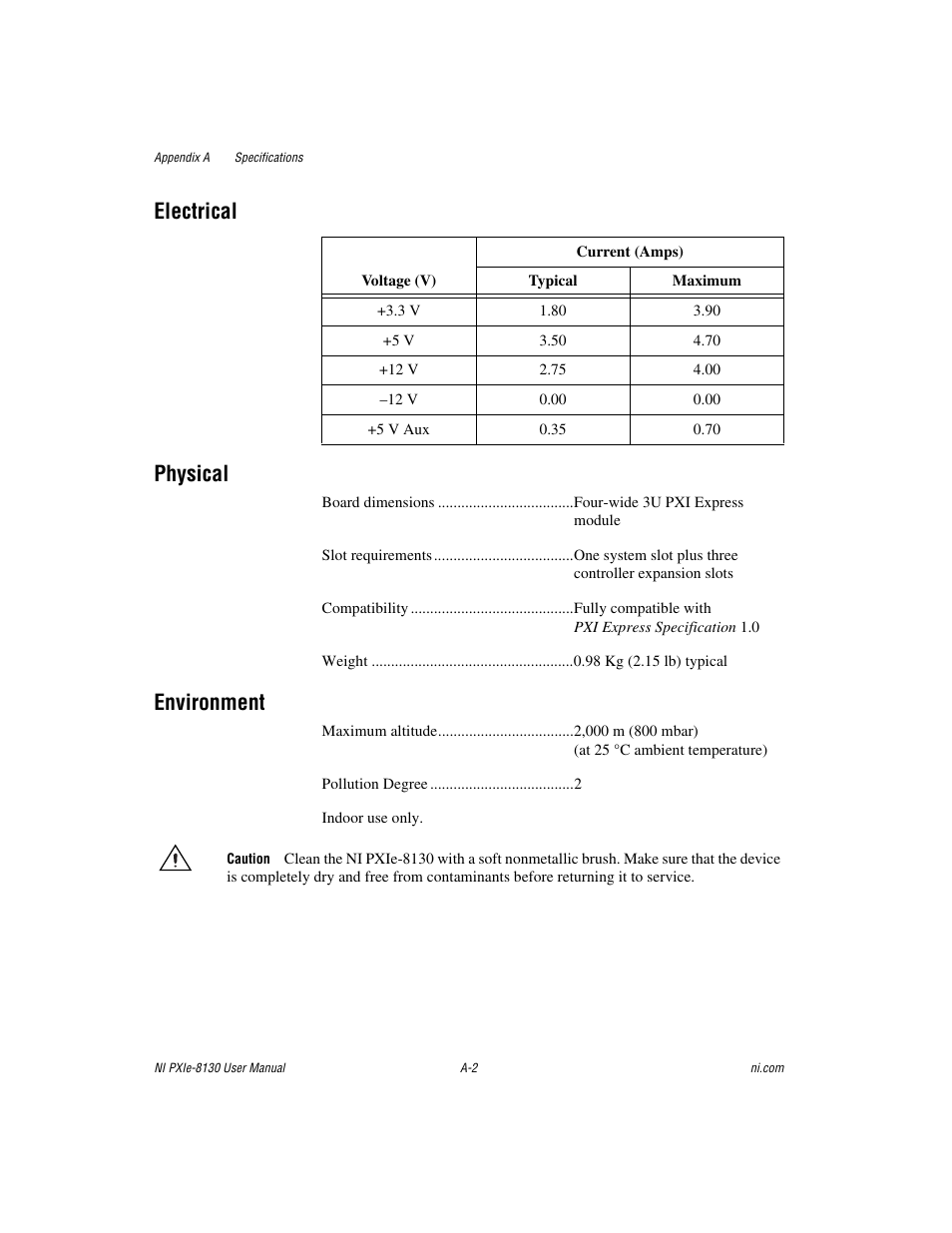 Electrical physical, Environment | National Instruments NI PXIe-8130 User Manual | Page 68 / 84