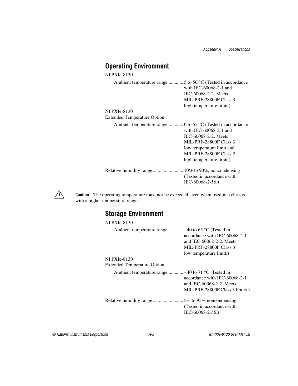 Operating environment, Storage environment | National Instruments NI PXIe-8130 User Manual | Page 69 / 84