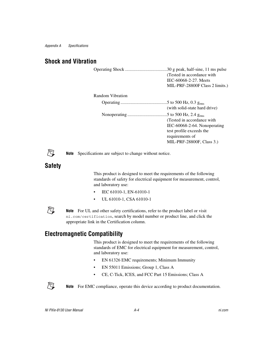 Shock and vibration, Safety, Electromagnetic compatibility | National Instruments NI PXIe-8130 User Manual | Page 70 / 84