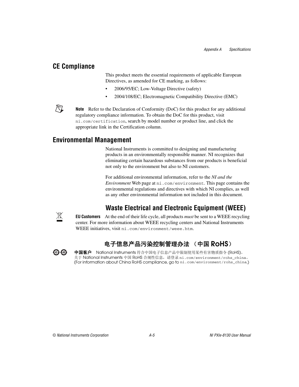 Rohs, Ce compliance, Environmental management | Waste electrical and electronic equipment (weee), ᄤֵᙃѻક∵ᶧ᥻ࠊㅵ⧚ࡲ⊩ ˄ё | National Instruments NI PXIe-8130 User Manual | Page 71 / 84