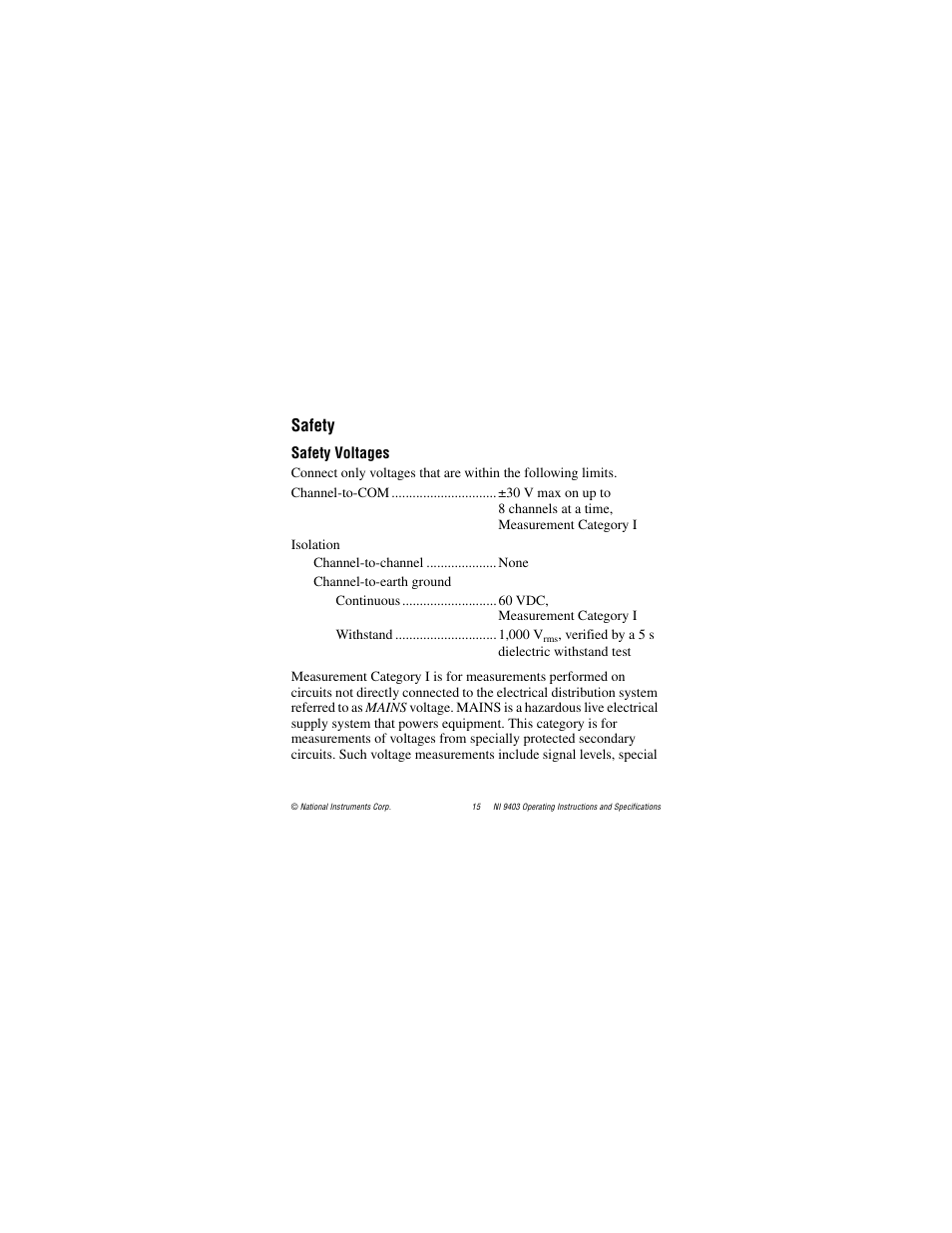 Safety, Safety voltages | National Instruments NI 9403 User Manual | Page 15 / 23