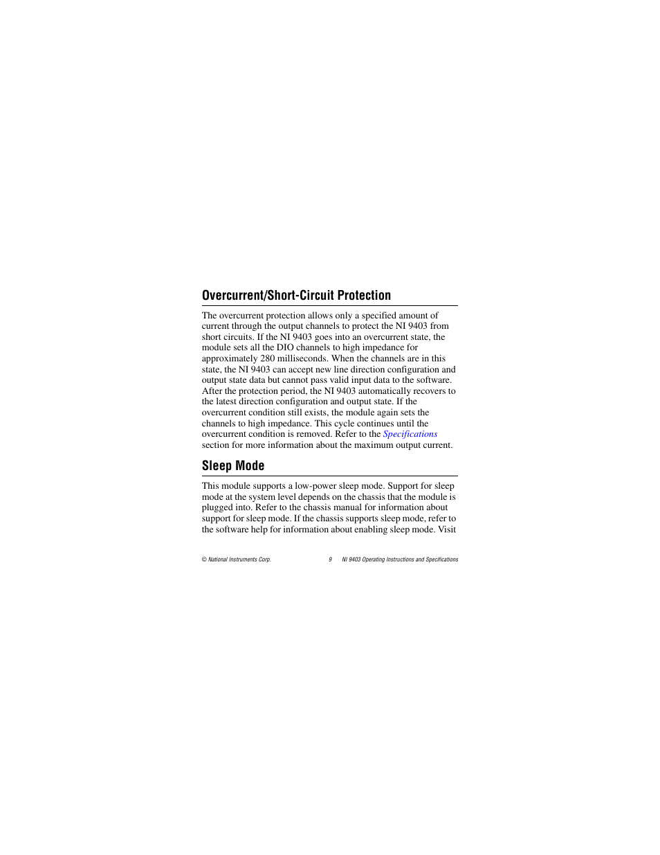 Overcurrent/short-circuit protection, Sleep mode | National Instruments NI 9403 User Manual | Page 9 / 23