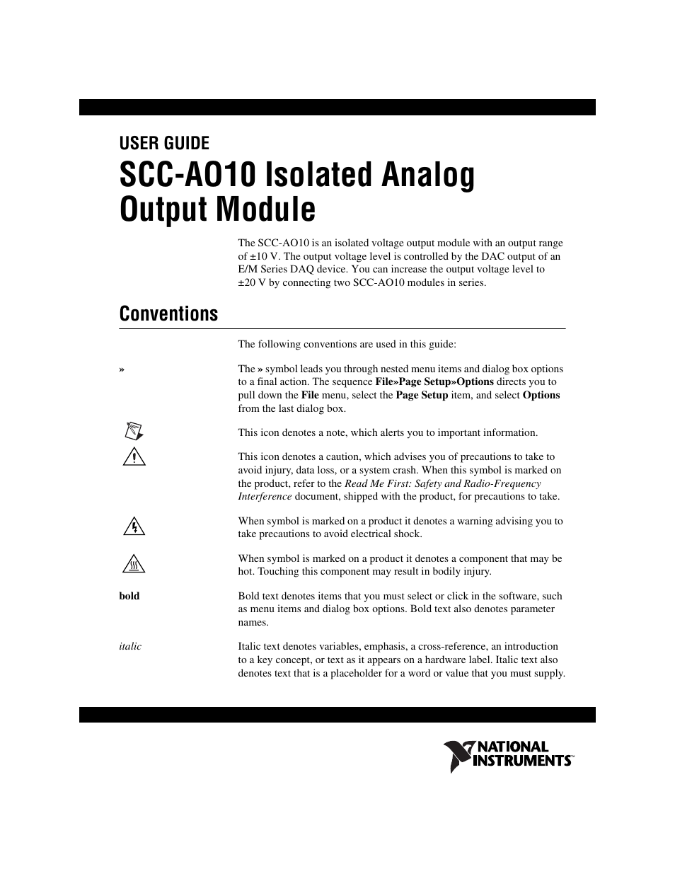 National Instruments Isolated Analog Output Module SCC-AO10 User Manual | 12 pages