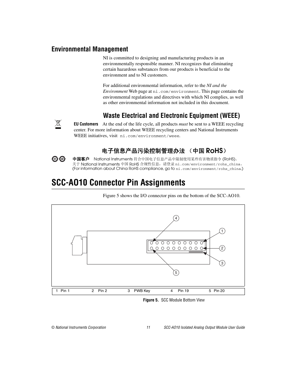 Environmental management, Scc-ao10 connector pin assignments, Figure 5. scc module bottom view | Rohs, Waste electrical and electronic equipment (weee), ᄤֵᙃѻક∵ᶧ᥻ࠊㅵ⧚ࡲ⊩ ˄ё | National Instruments Isolated Analog Output Module SCC-AO10 User Manual | Page 11 / 12